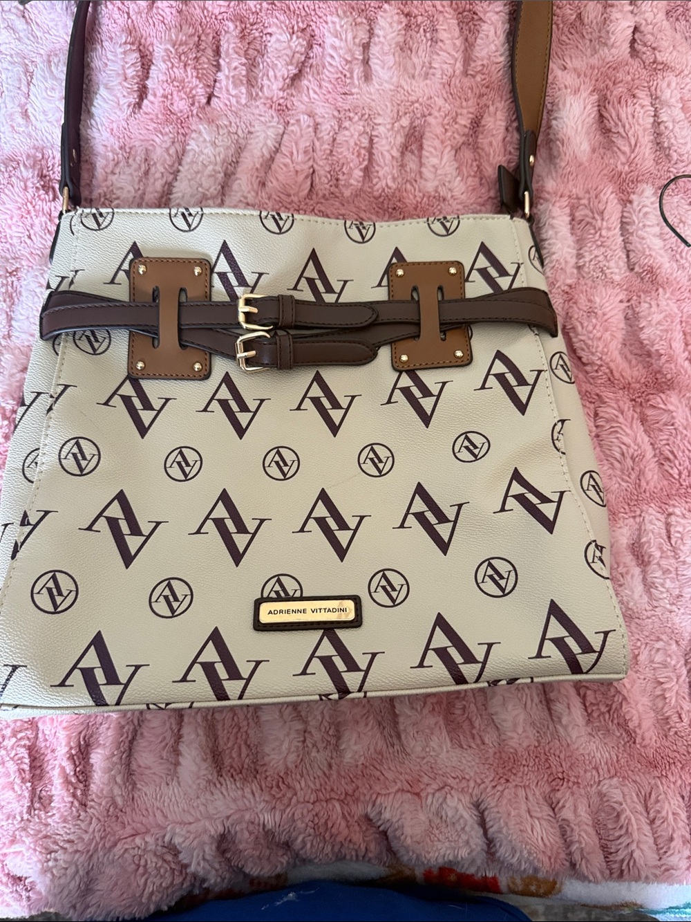 Adrienne Vittadini Cream & Brown Logo Crossbody Bag